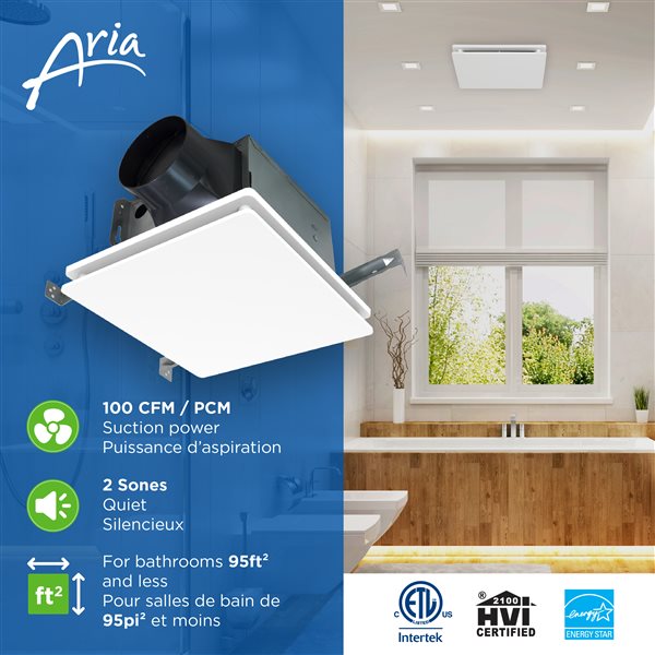Aria Wall and Ceiling Mount Bathroom Exhaust Fan 100 CFM 2 Sones - White