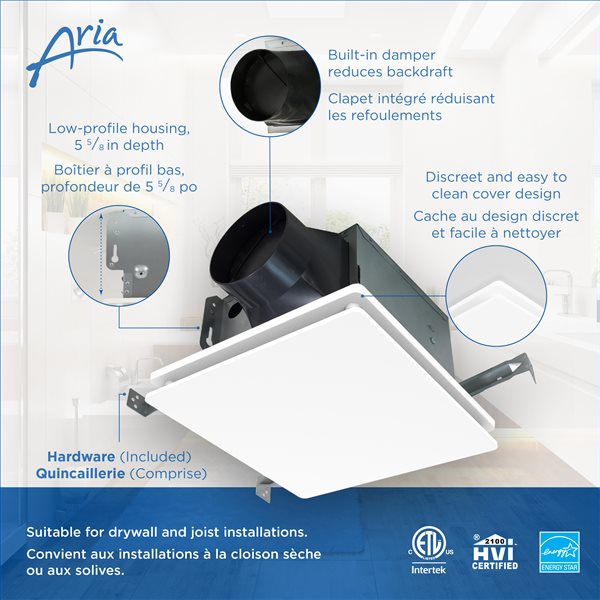 Aria Wall and Ceiling Mount Bathroom Exhaust Fan 100 CFM 2 Sones - White