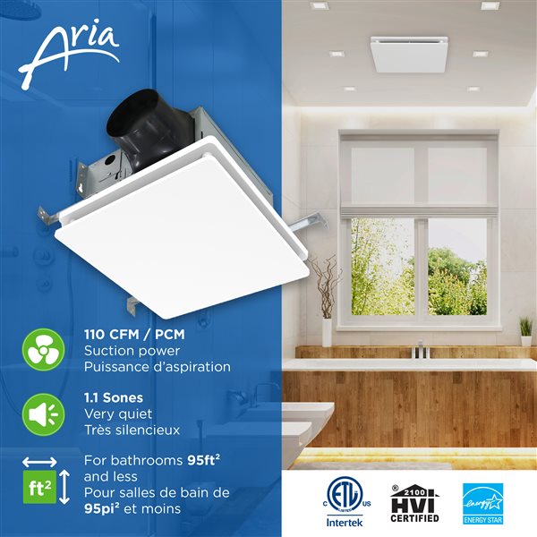 Aria Wall and Ceiling Mount Bathroom Exhaust Fan 110 CFM 1.1 Sones - White