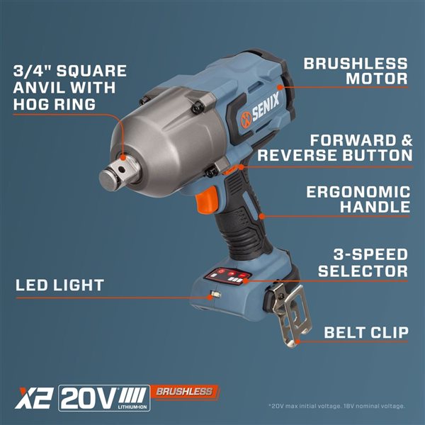 SENIX 20 V Max Brushless 3/4-in Impact Wrench w/ 1500-ft-lb Max Breakaway Torque (Tool Only)