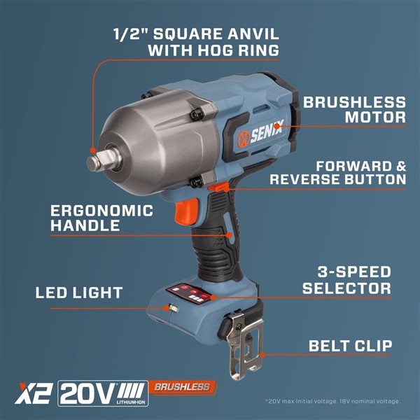 SENIX 20 V Max Brushless 1/2-in Impact Wrench w/ 1100-ft-lb Max Breakaway Torque (Tool Only)