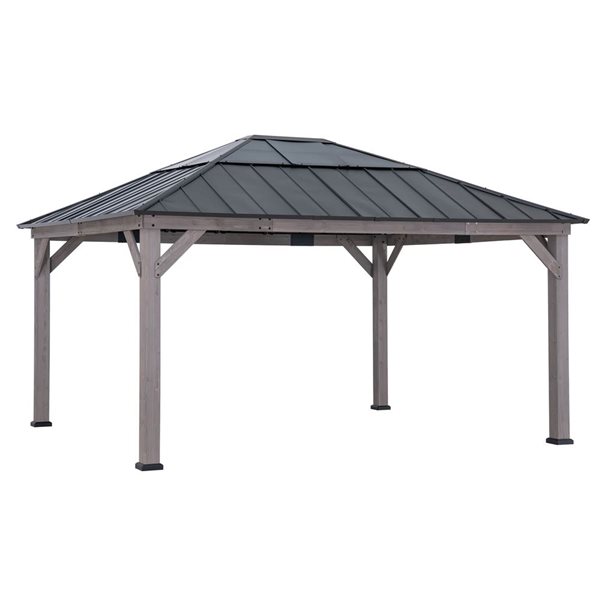 Abri-soleil de Sunjoy 13 x 15 pi en cèdre avec toit rigide acier et polycarbonate et crochet pour le plafond, noir