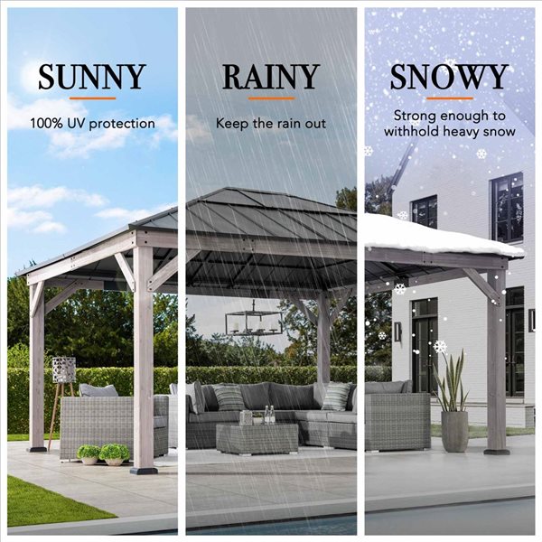 Sunjoy 13 x 15-ft Cedar Framed Gazebo w/ Black Steel and Polycarbonate Hip Roof and Ceiling Hook