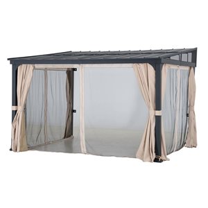 Sunjoy 12 x 14-ft Metal Wall-Mounted Gazebo w/ Black Steel Sloping Hardtop -  Curtains and Netting Included