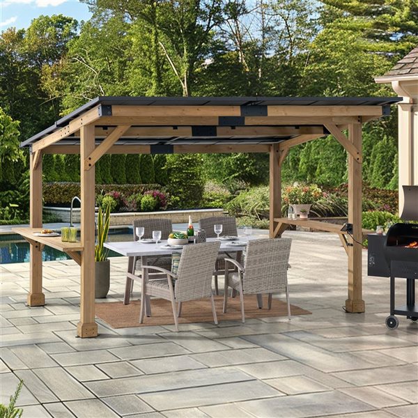 Sunjoy 10 x 12-ft Cedar Wood Framed Pergola with Black Steel Hardtop, Roof Outlet and USB Ports