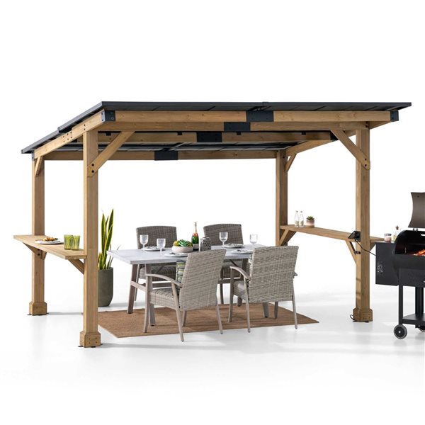 Sunjoy 10 x 12-ft Cedar Wood Framed Pergola with Black Steel Hardtop, Roof Outlet and USB Ports