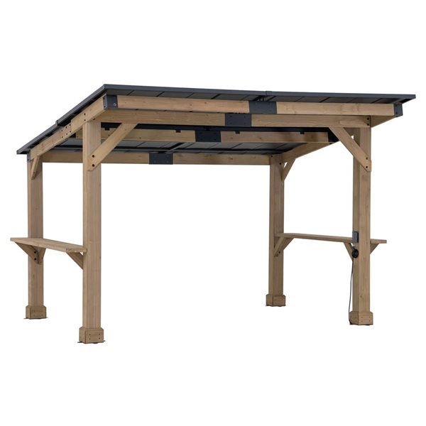 Sunjoy 10 x 12-ft Cedar Wood Framed Pergola with Black Steel Hardtop, Roof Outlet and USB Ports