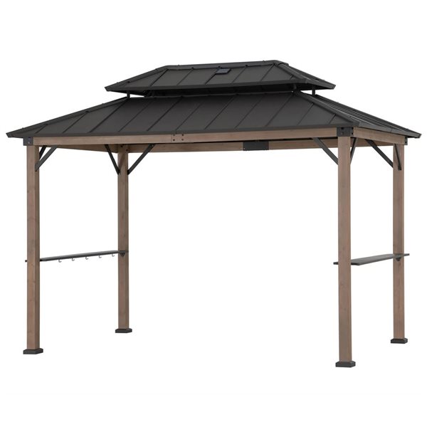 Sunjoy 8 x 12-ft Hammered Brown Churchill Cedar Framed Grill Gazebo with DC Solar Power