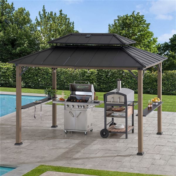 Sunjoy 8 x 12-ft Hammered Brown Churchill Cedar Framed Grill Gazebo with DC Solar Power