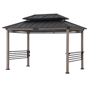 Sunjoy 8 x 12-ft Cedar Framed Grill Gazebo with 2-Tier Hardtop and DC Solar Power - Brown/Black