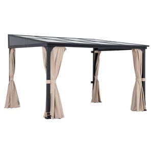 Abri-soleil fixé au mur Sunjoy 10 x 12 pi cadre aluminium/métal toit en polycarbonate rideau et moustiquaire, noir/beige