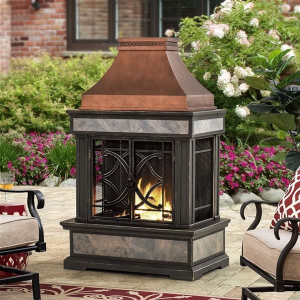 Sunjoy Heirloom 35 W x 24 D x 57-in H Steel/Ceramic Outdoor Wood-Burning Fireplace w/ Poker and Rain Cover - Copper