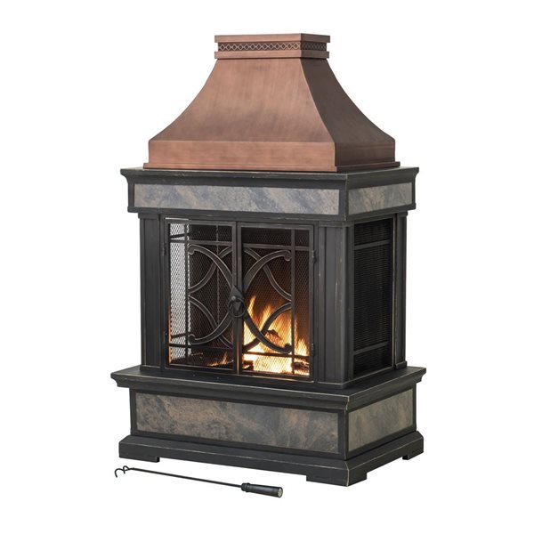 Sunjoy Heirloom 35 W x 24 D x 57-in H Steel/Ceramic Outdoor Wood-Burning Fireplace w/ Poker and Rain Cover - Copper