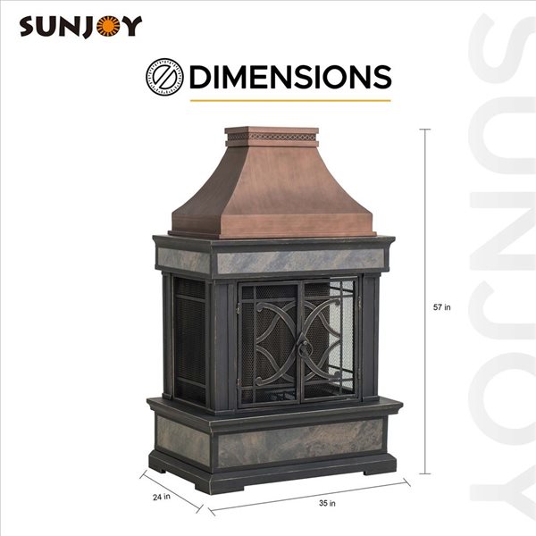Sunjoy Heirloom 35 W x 24 D x 57-in H Steel/Ceramic Outdoor Wood-Burning Fireplace w/ Poker and Rain Cover - Copper