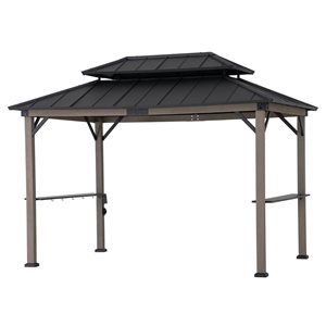 Sunjoy 8 x 12-ft Cedar Framed Gazebo w/ Steel Hardtop AC Power Port and Shelves - Brown/Black