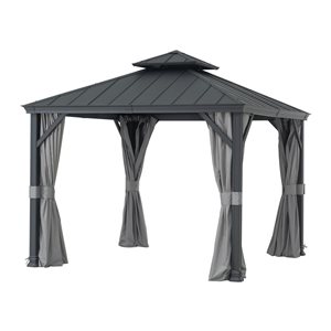 Sunjoy 10 x 10-ft Black Aluminum Frame Gazebo w/2-Tier Steel Hardtop and Grey Netting and Curtain