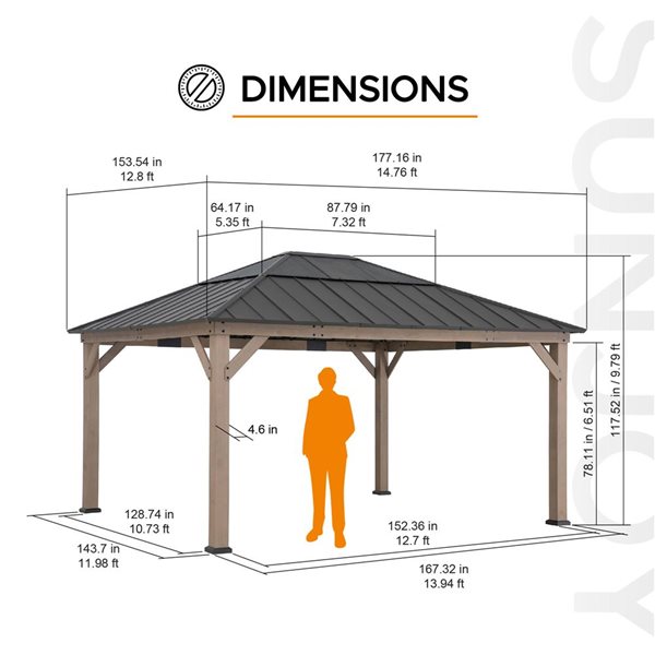 Sunjoy 13 x 15-ft Cedar Framed Gazebo w/ Dark Brown Steel and Polycarbonate Hip Roof and Ceiling Hook