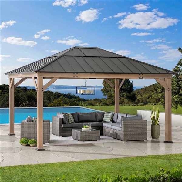 Sunjoy 13 x 15-ft Cedar Framed Gazebo w/ Dark Brown Steel and Polycarbonate Hip Roof and Ceiling Hook