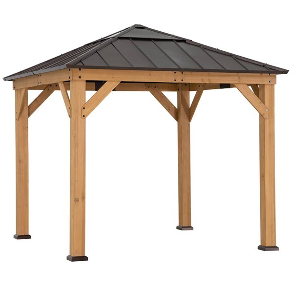 Sunjoy Aurora 9 x 9-ft Cedar Framed Gazebo w/ Brown Steel and Polycarbonate Hip Hardtop and Ceiling Hook