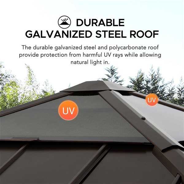 Sunjoy Aurora 9 x 9-ft Cedar Framed Gazebo w/ Brown Steel and Polycarbonate Hip Hardtop and Ceiling Hook