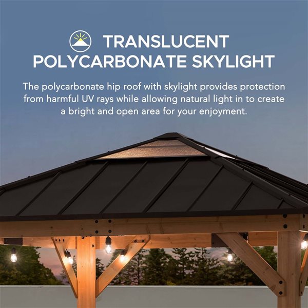 Sunjoy Aurora 9 x 9-ft Cedar Framed Gazebo w/ Brown Steel and Polycarbonate Hip Hardtop and Ceiling Hook
