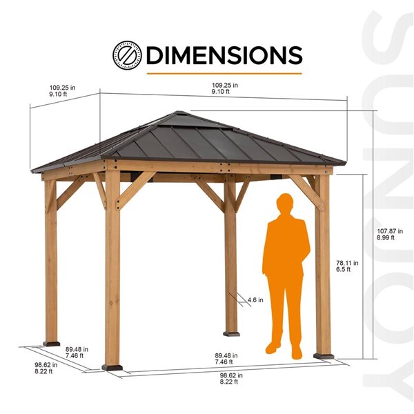 Sunjoy Aurora 9 x 9-ft Cedar Framed Gazebo w/ Brown Steel and Polycarbonate Hip Hardtop and Ceiling Hook