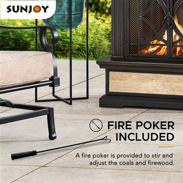 Sunjoy Heirloom 35 W x 24 D x 57-in H Steel/Ceramic Outdoor Wood-Burning Fireplace w/ Poker and Rain Cover - Black