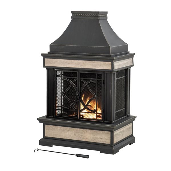 Foyer à bois extérieur Heirloom par Sunjoy 25 l. x 24 p. x 57 po h. céramique et acier avec tisonnier et housse, noir