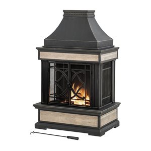 Foyer à bois extérieur Heirloom par Sunjoy 25 l. x 24 p. x 57 po h. céramique et acier avec tisonnier et housse, noir
