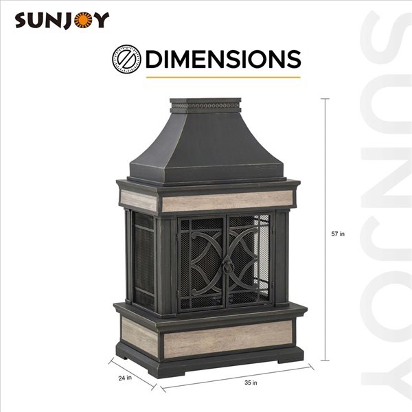Sunjoy Heirloom 35 W x 24 D x 57-in H Steel/Ceramic Outdoor Wood-Burning Fireplace w/ Poker and Rain Cover - Black