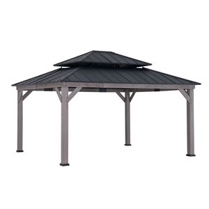 Abri-soleil pour patio Archwood par Sunjoy 13 x 15 pi avec cadre en cèdre et toit rigide à 2 niveaux en acier noir