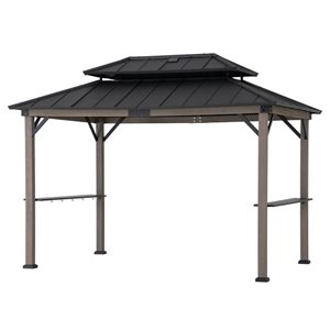 Sunjoy 8 x 12-ft Brown Cedar Framed Grill Gazebo with Black Hardtop and DC Solar Power