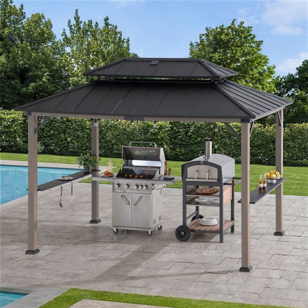 Sunjoy 8 x 12-ft Brown Cedar Framed Grill Gazebo with Black Hardtop and DC Solar Power
