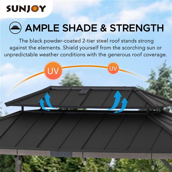 Sunjoy 8 x 12-ft Brown Cedar Framed Grill Gazebo with Black Hardtop and DC Solar Power
