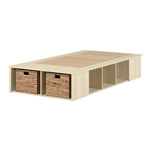 Cadre de lit plateforme simple Avilla South Shore avec paniers de rangement en osier en chêne vieilli