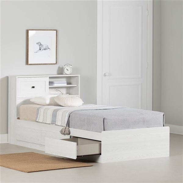 South Shore Hazen White Pine Twin Mates Bed Frame w/ 3 Drawers and Headboard