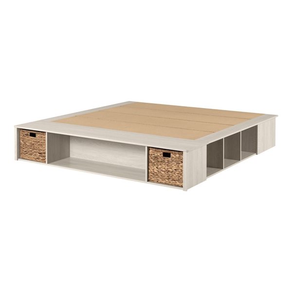 South Shore Avilla Pale Oak King Storage Platform Bed Frame w/ Wicker Baskets