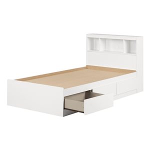 South Shore Reevo White Twin Mates Bed Frame w/ Bookcase Headboard