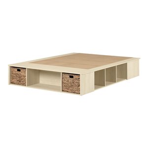 South Shore Avilla Bleached Oak Queen Storage Platform Bed Frame w/ Wicker Baskets