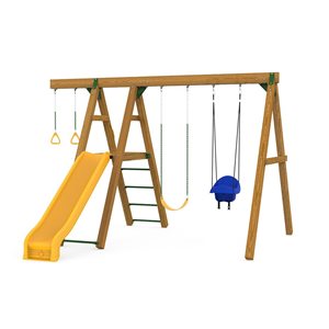 Module de jeu extérieur résidentiel Mesa Plus III Playstar bois et jaune avec 2 balançoires et 1 glissade