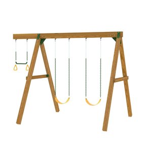 Module de balançoire extérieur résidentiel Horizon Plus Playstar bois et jaune avec 2 balançoires et grimpeurs