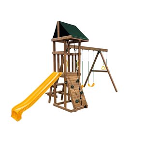 Module de jeu extérieur résidentiel Maverick V Playstar bois et jaune avec 2 balançoires et 1 glissade