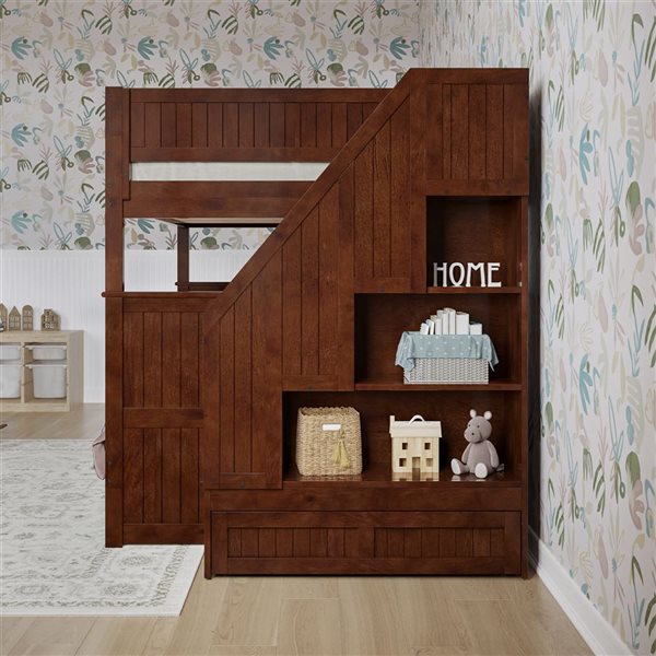AFI Dover Full over Full Staircase Bunk Bed with Storage Drawer and Twin Trundle Bed - Walnut