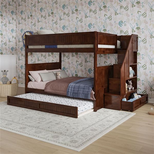 AFI Dover Full over Full Staircase Bunk Bed with Storage Drawer and Twin Trundle Bed - Walnut