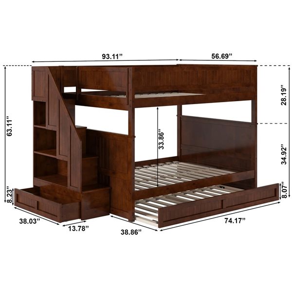 AFI Dover Full over Full Staircase Bunk Bed with Storage Drawer and Twin Trundle Bed - Walnut