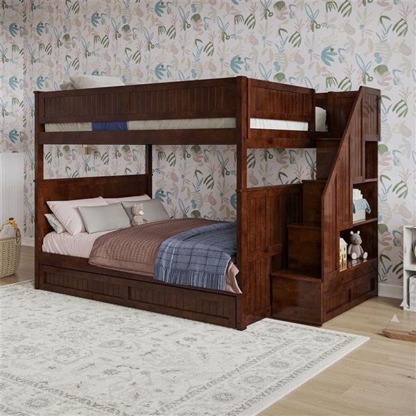 AFI Dover Full over Full Staircase Bunk Bed with Storage Drawer and Twin Trundle Bed - Walnut