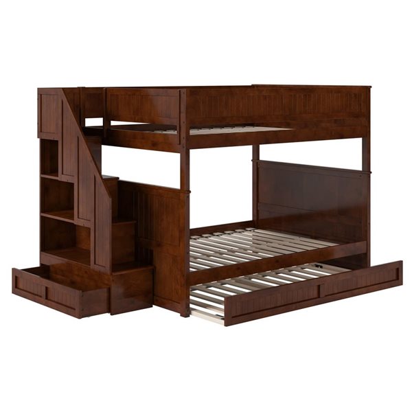 AFI Dover Full over Full Staircase Bunk Bed with Storage Drawer and Twin Trundle Bed - Walnut