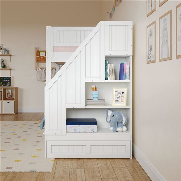 AFI Dover Twin over Twin Staircase Bunk Bed with Storage Drawer and Twin Trundle Bed - White