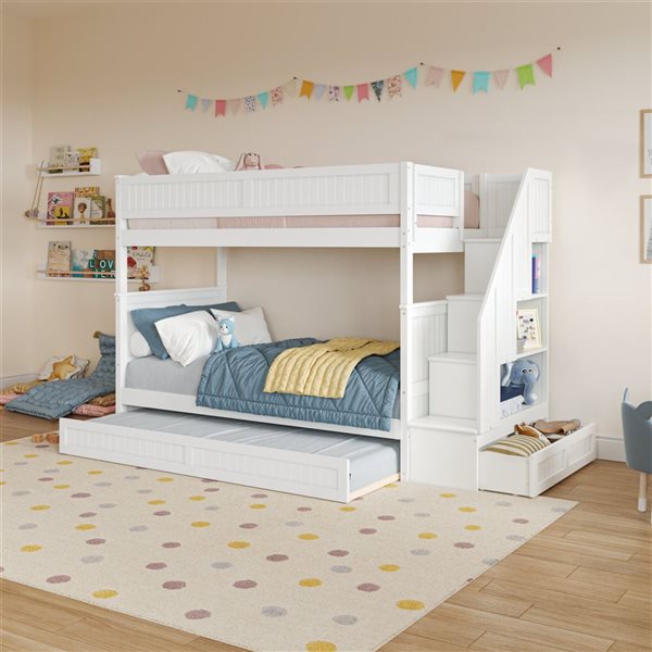 AFI Dover Twin over Twin Staircase Bunk Bed with Storage Drawer and Twin Trundle Bed - White
