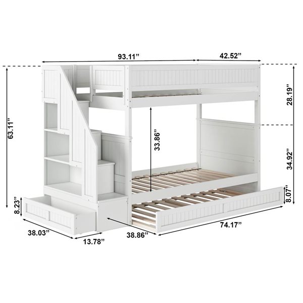 AFI Dover Twin over Twin Staircase Bunk Bed with Storage Drawer and Twin Trundle Bed - White